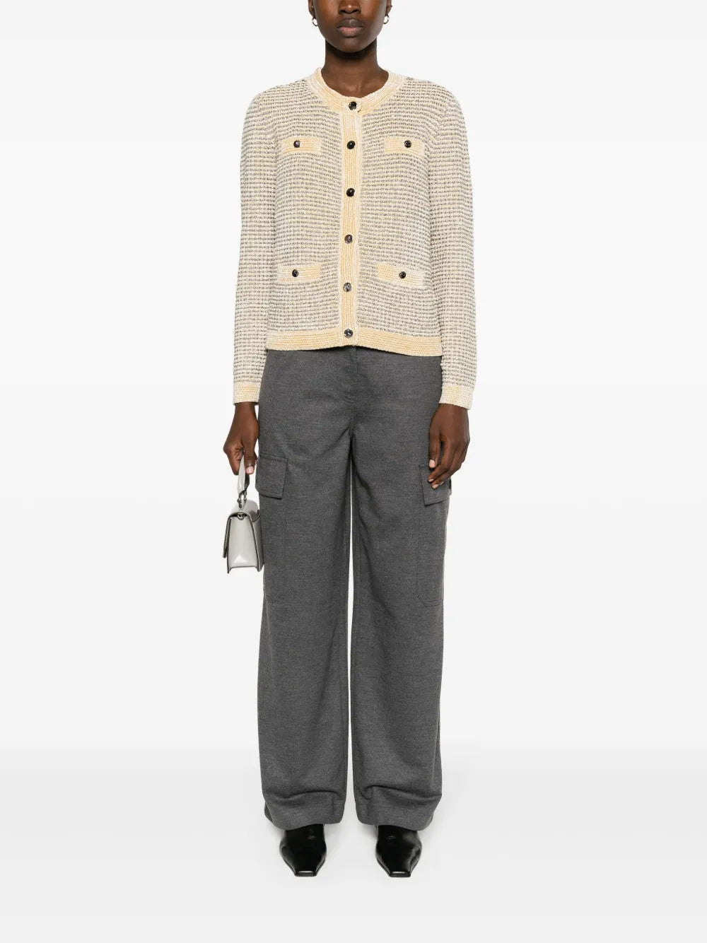 Metallic-Thread Striped Cardigan
