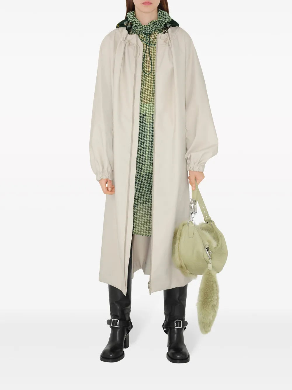 Checked-Hood Gabardine Parka Coat