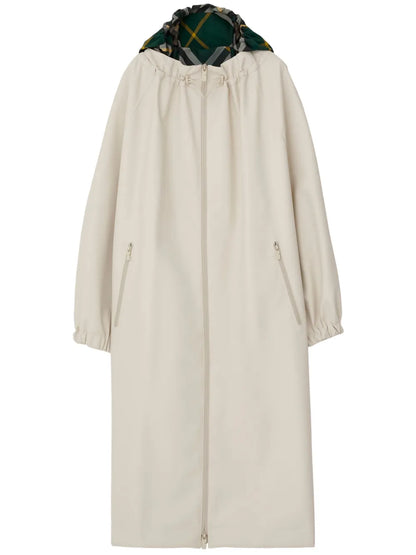 Checked-Hood Gabardine Parka Coat