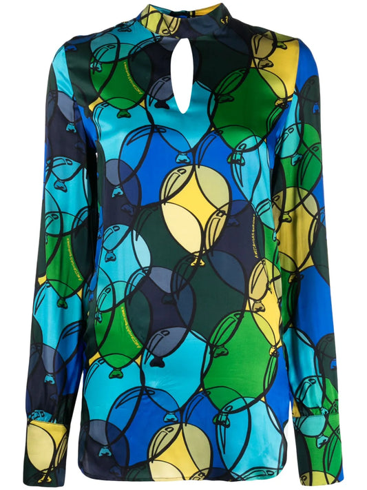 Balloon-Print Keyhole-Neck Satin Blouse