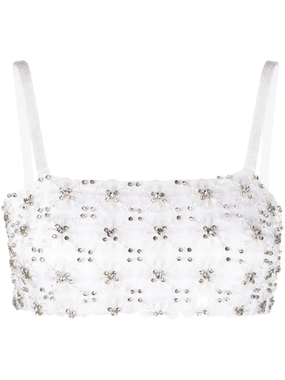 Rhinestone-Embellished Mesh Cropped Top