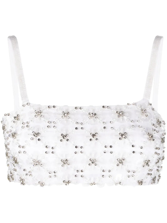 Rhinestone-Embellished Mesh Cropped Top