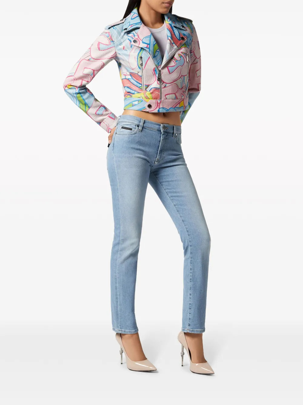 Graffiti-Logo Cropped Leather Biker Jacket