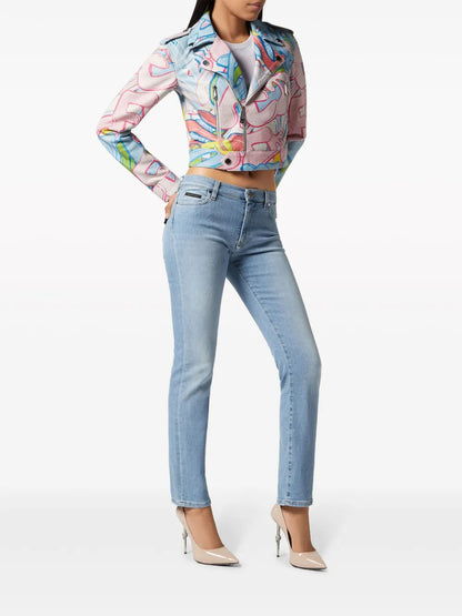 Graffiti-Logo Cropped Leather Biker Jacket