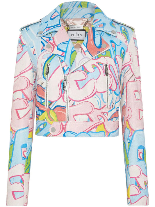 Graffiti-Logo Cropped Leather Biker Jacket