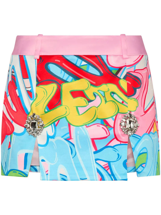 Crystal-Embellished Graffiti-Print Miniskirt