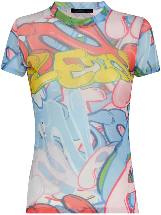 Graffiti-Print Tulle T-Shirt