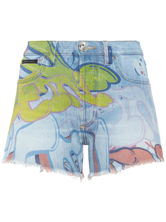 Graffiti-Print Denim Mini Shorts