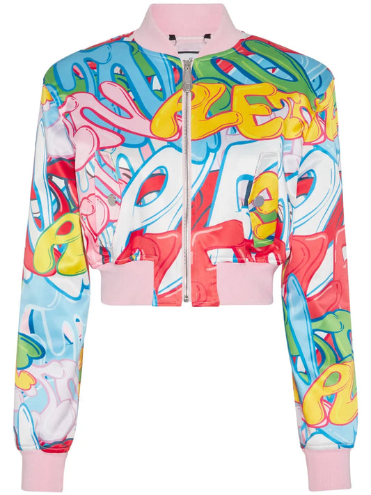Graffiti-Logo Cropped Satin Bomber Jacket