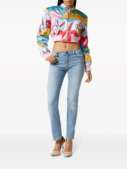 Graffiti-Logo Cropped Satin Bomber Jacket