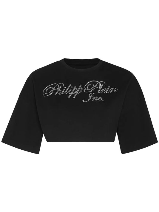 Crystal-Embellished Logo-Print Cropped T-Shirt