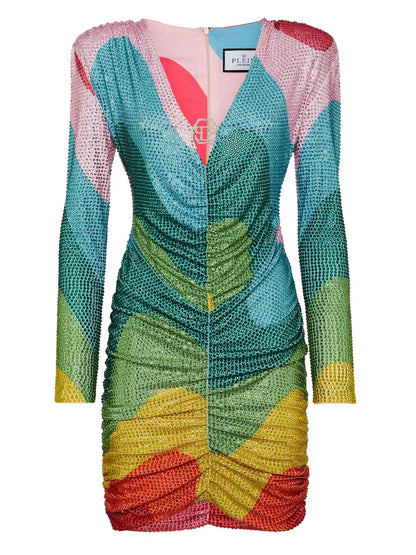 Crystal-Embellished Rainbow-Print Minidress