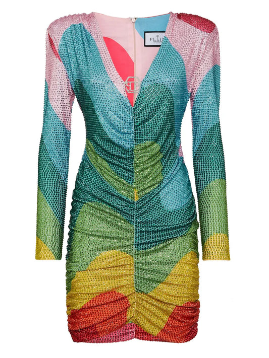 Crystal-Embellished Rainbow-Print Minidress