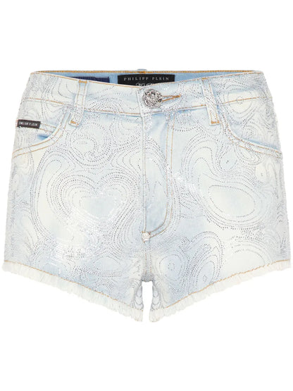 Abstract-Pattern Print Denim Shorts