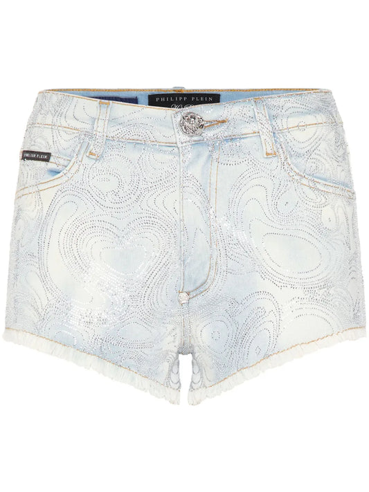 Abstract-Pattern Print Denim Shorts