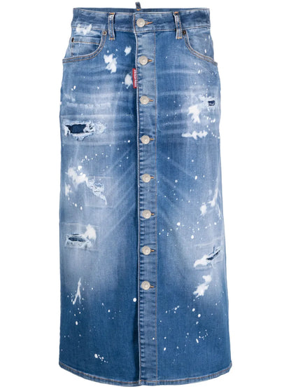 Distressed-Effect Denim Midi Skirt