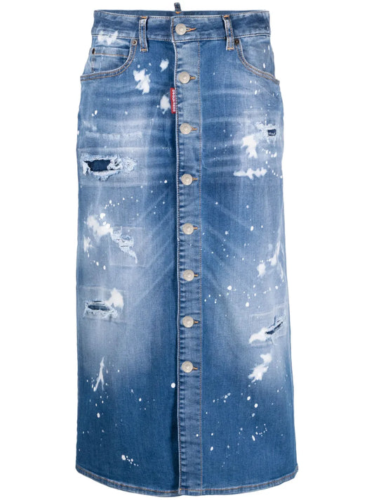 Distressed-Effect Denim Midi Skirt