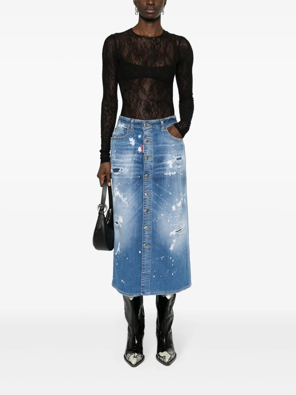 Distressed-Effect Denim Midi Skirt