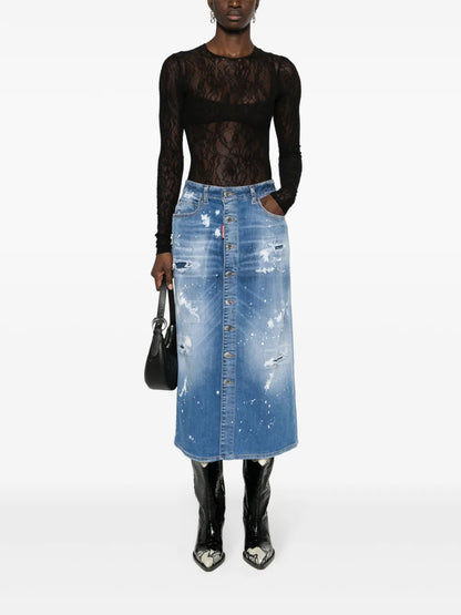 Distressed-Effect Denim Midi Skirt