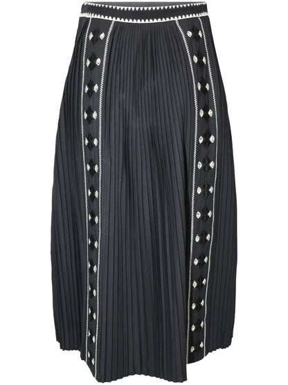 Sabina Pleated Embroidered Midi Skirt