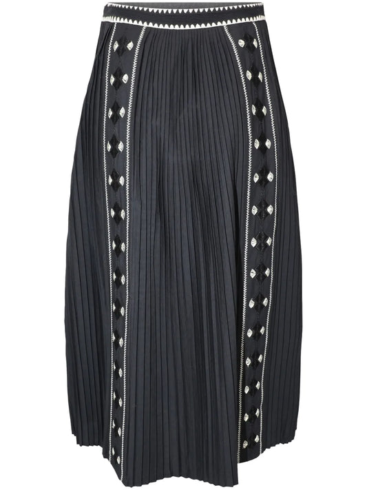 Sabina Pleated Embroidered Midi Skirt