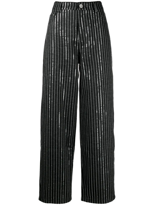 Sequinned Striped Wide-Leg Jeans