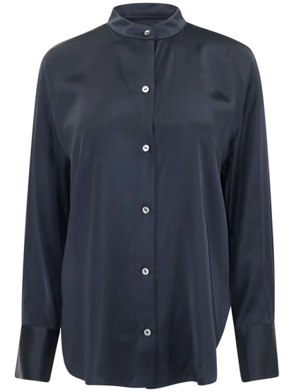 Band-Collar Satin Shirt