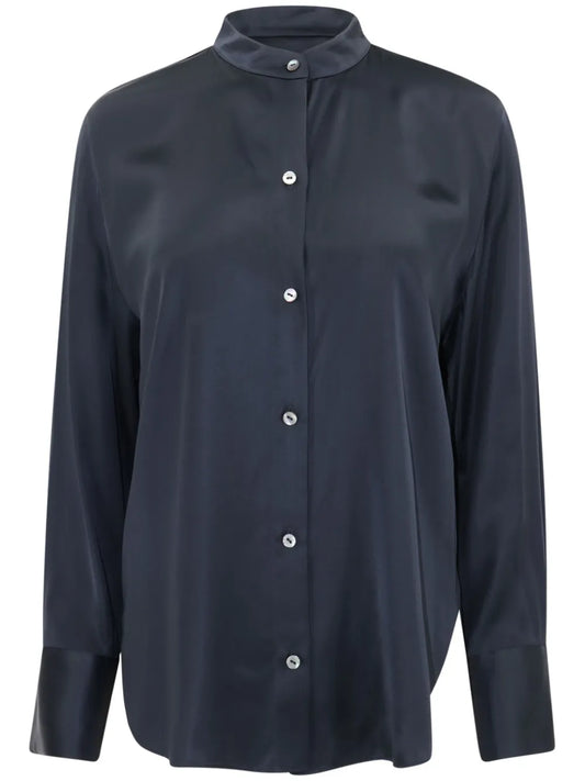 Band-Collar Satin Shirt