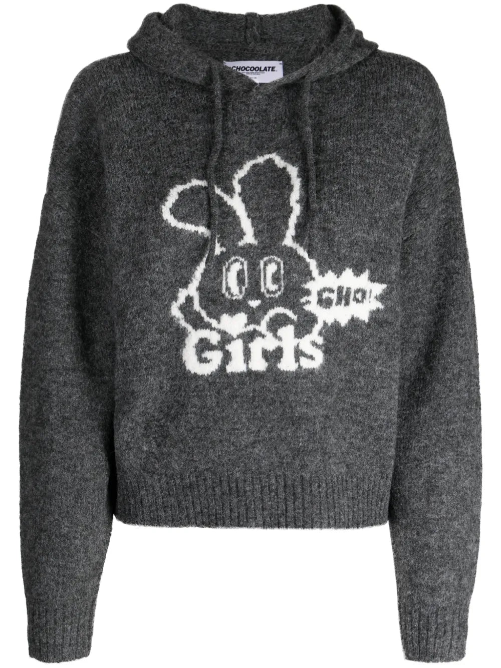 Drawstring-Hood Intarsia-Knit Hoodie
