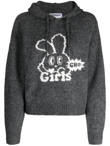 Drawstring-Hood Intarsia-Knit Hoodie