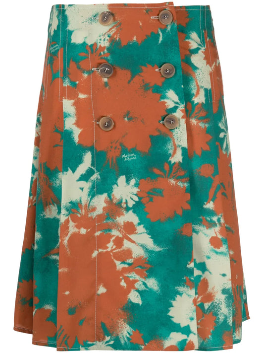 Bouquet-Print Pleated Wrap Skirt