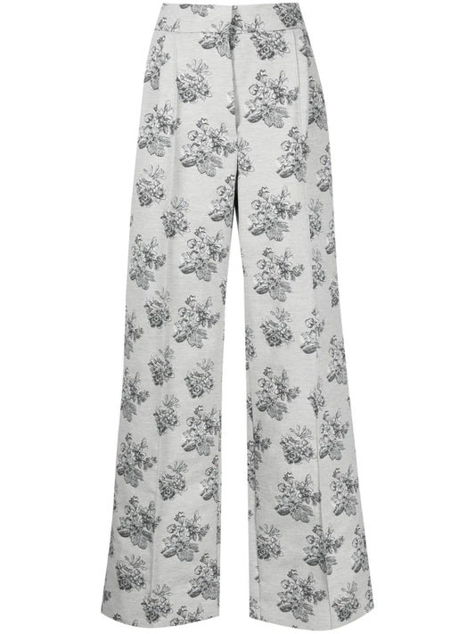 Floral-Jacquard Straight-Leg Trousers