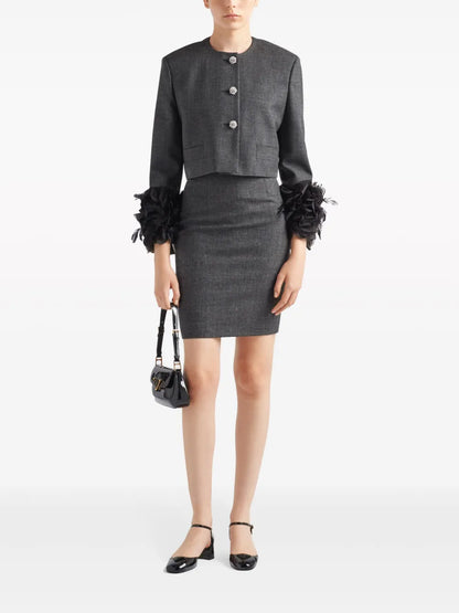 Feather-Trim Single-Breasted Wool Jacket