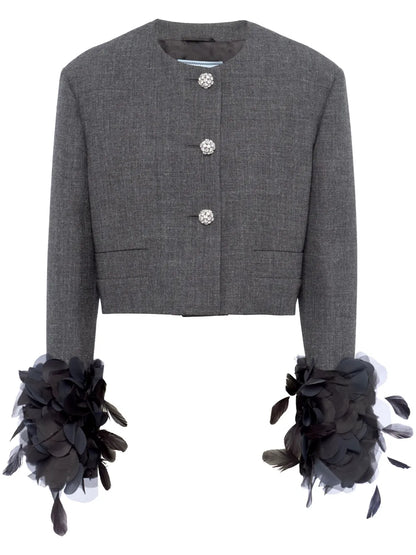 Feather-Trim Single-Breasted Wool Jacket