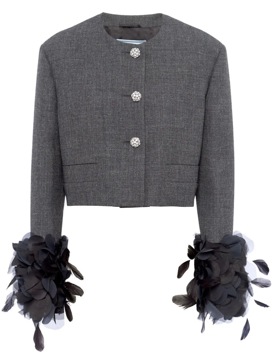 Feather-Trim Single-Breasted Wool Jacket