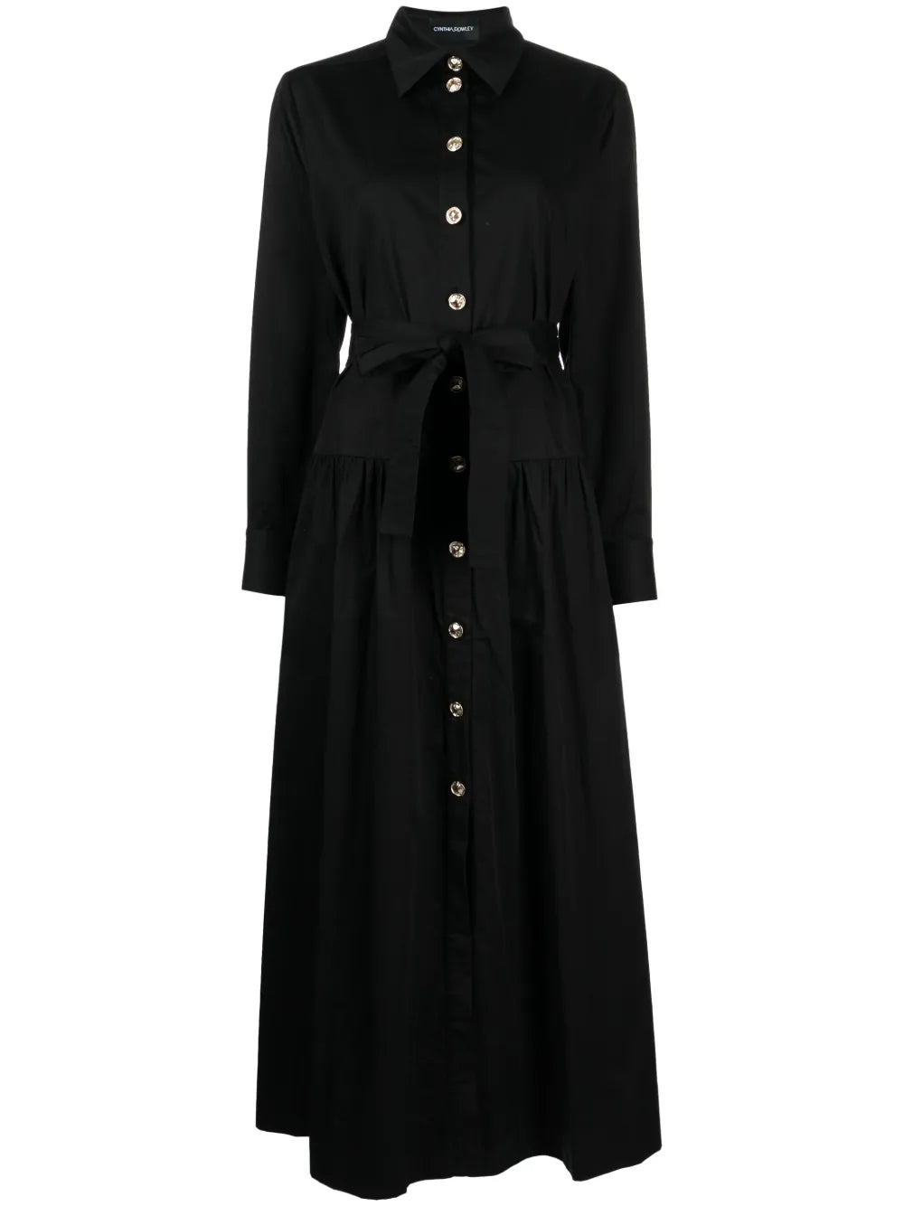 Pointed-Collar Belted Midi Dress