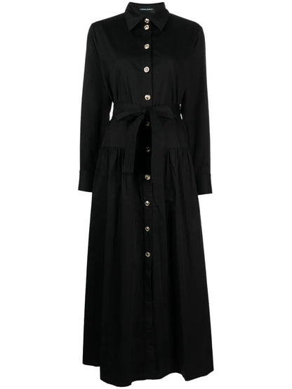 Pointed-Collar Belted Midi Dress