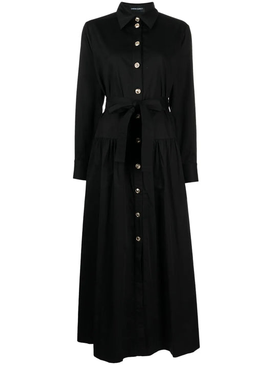 Pointed-Collar Belted Midi Dress