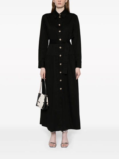 Pointed-Collar Belted Midi Dress