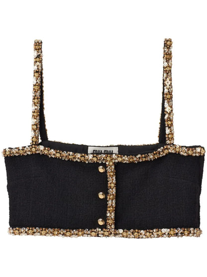 Sequin-Embellished Tweed Cropped Top