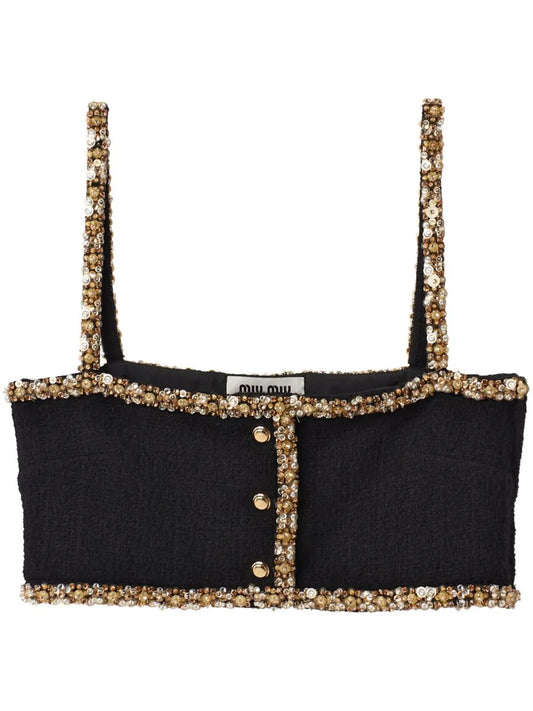 Sequin-Embellished Tweed Cropped Top