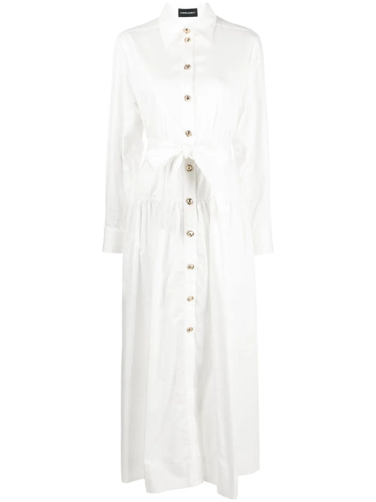 Pointed-Collar Belted Midi Dress