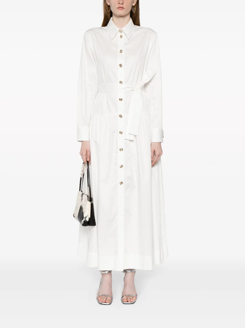 Pointed-Collar Belted Midi Dress