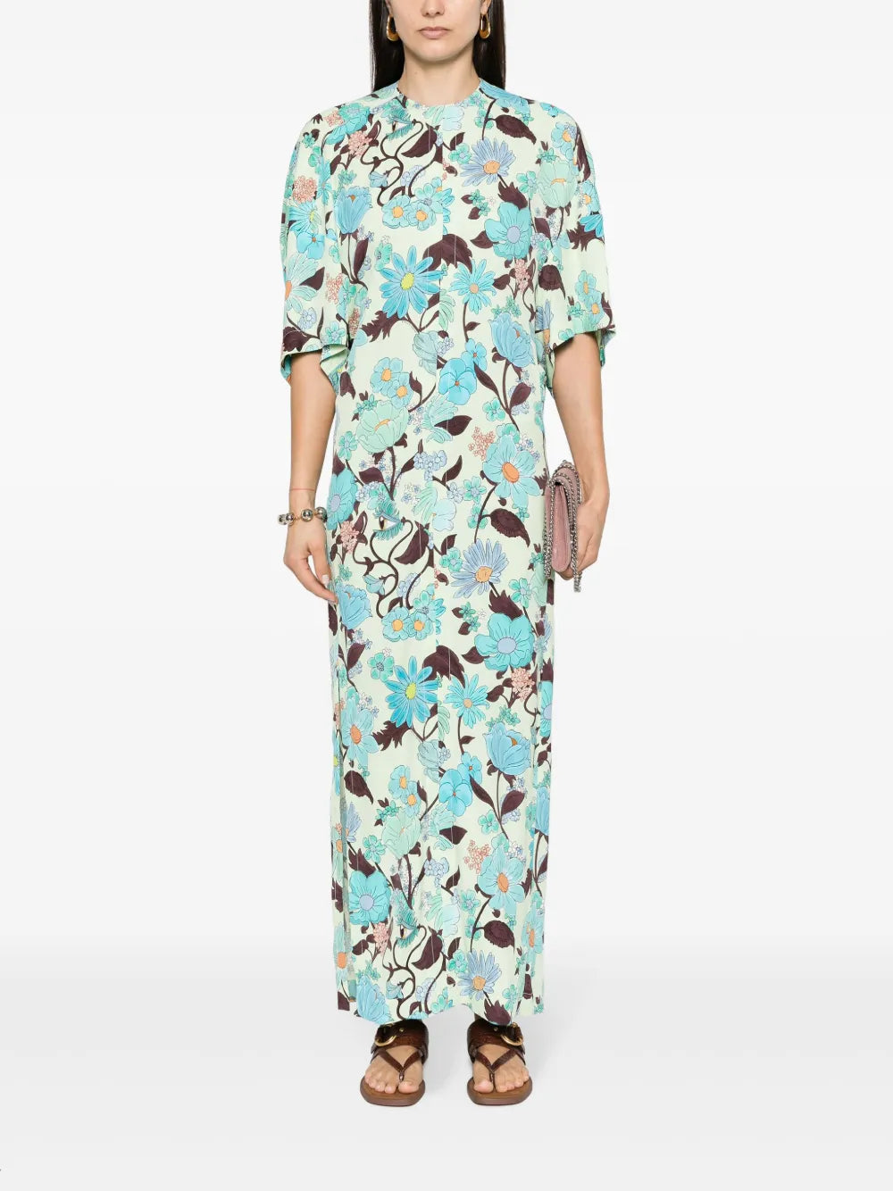 Garden-Print Crepe Long Dress