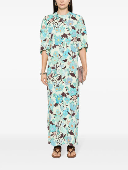 Garden-Print Crepe Long Dress