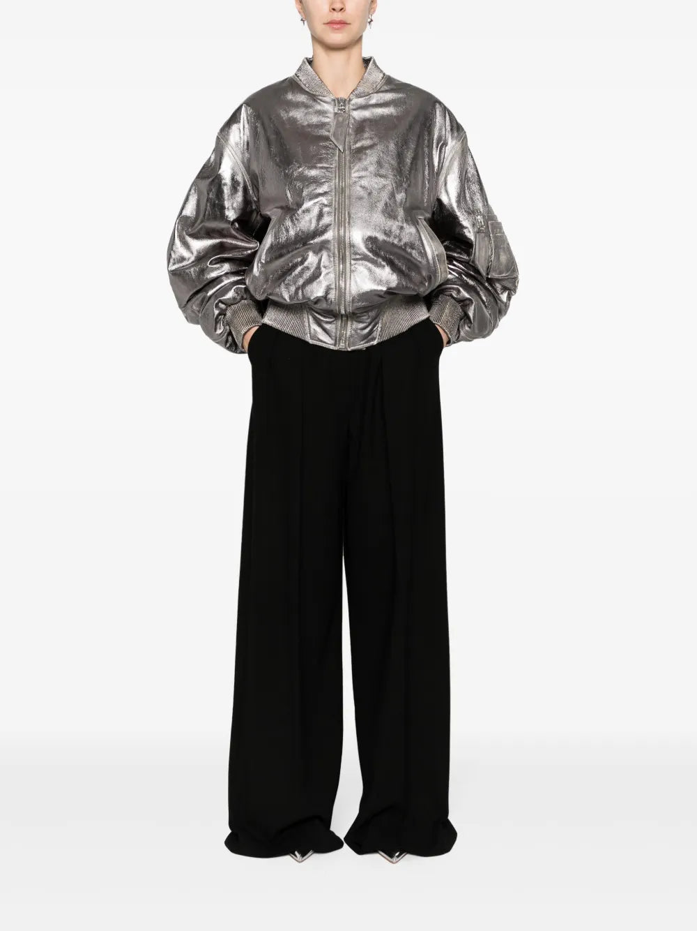 Anja Metallic Leather Bomber Jacket