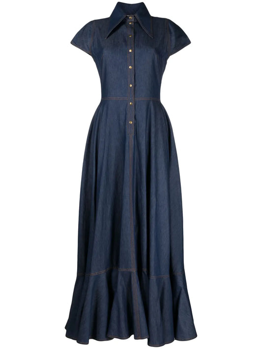 Bonded-Seam Washed Denim Maxi Dress