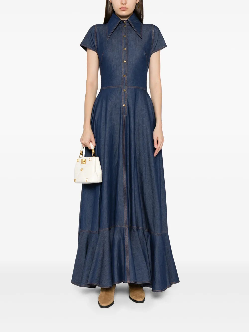 Bonded-Seam Washed Denim Maxi Dress