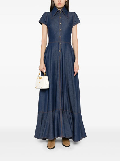Bonded-Seam Washed Denim Maxi Dress