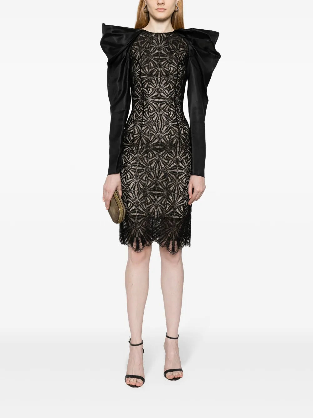 Lace-Panel Shantung Midi Dress